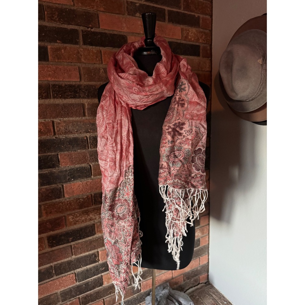 Womens Large Pink Peacock Paisley Print Scarf Shawl Fringed Accent